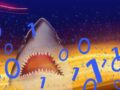 Fanciful illustration of a shark attacking ones and zeroes.