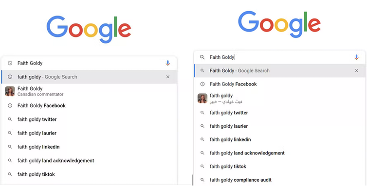 Two google searches with search suggestions for Faith Goldy, in English and Arabic