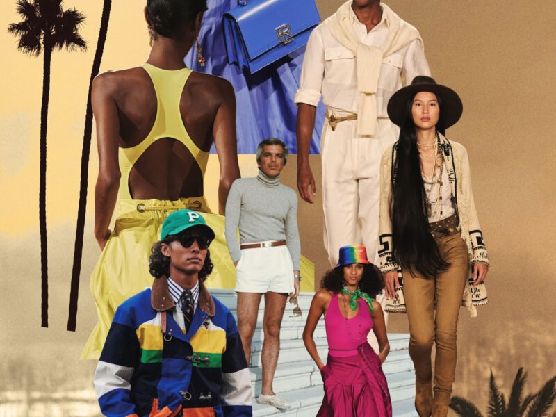 Collage of looks from Ralph Lauren SS23 on a sepia landscape background surrounded by palm trees.