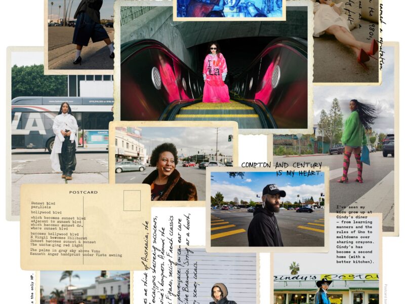 a layered group of postcards featuring people photographed at different intersections