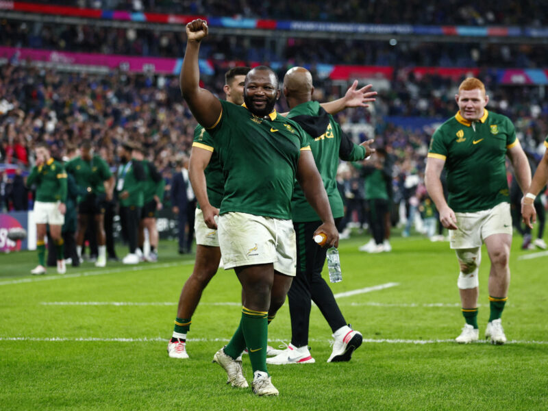 South Africa's Ox Nche celebrates after the Springboks beat France in the Rugby World Cup quarter-final at Stade de France in Saint-Denis, a suburb just outside Paris, on October 15.