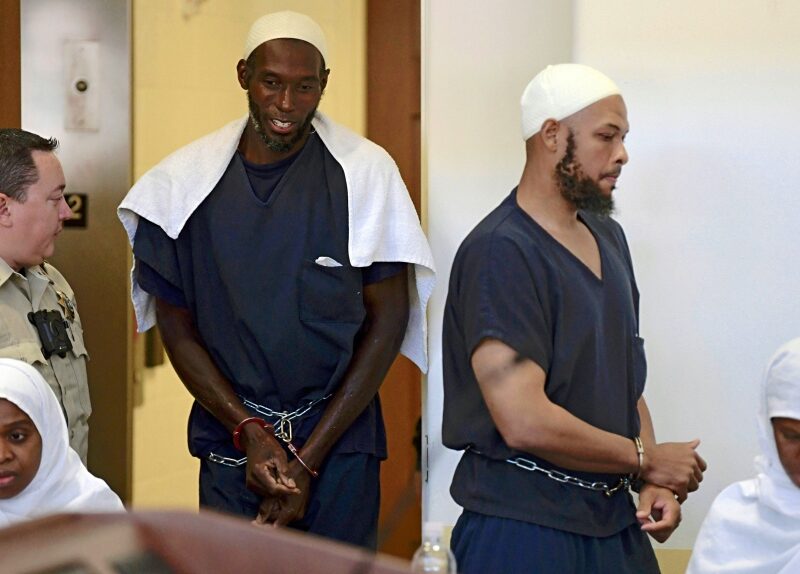 In this Aug. 13, 2018, file photo, defendants, from left, Jany Leveille, Lucas Morton, Siraj Ibn Wahhaj and Subbannah Wahhaj enter district court in Taos, N.M. (Roberto E. Rosales/The Albuquerque Journal via AP, Pool, File)